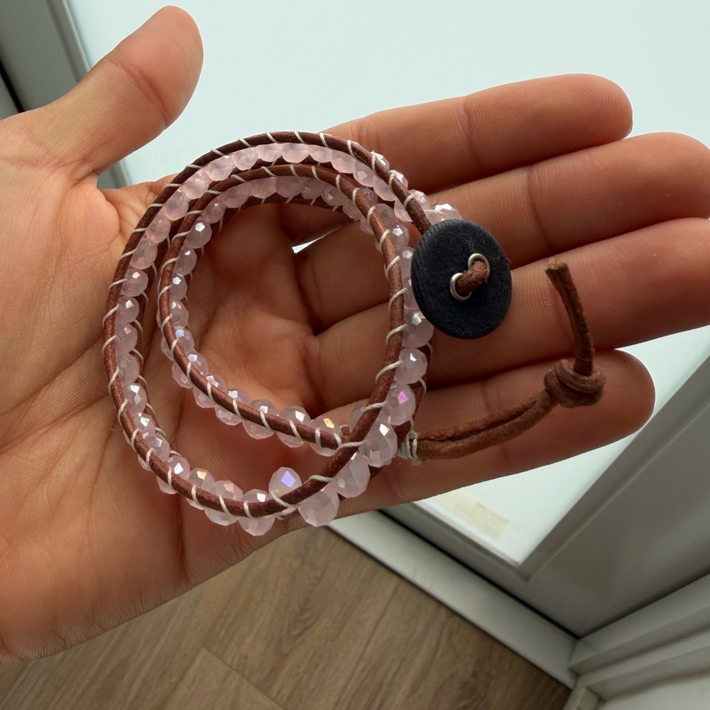 handmade rose crystal beaded leather wrap bracelet with a button closure